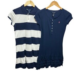 Ralph Lauren Polo Girl Dress Lot 2 XL 16 Navy Stripe Ruffle Cotton Preppy Casual